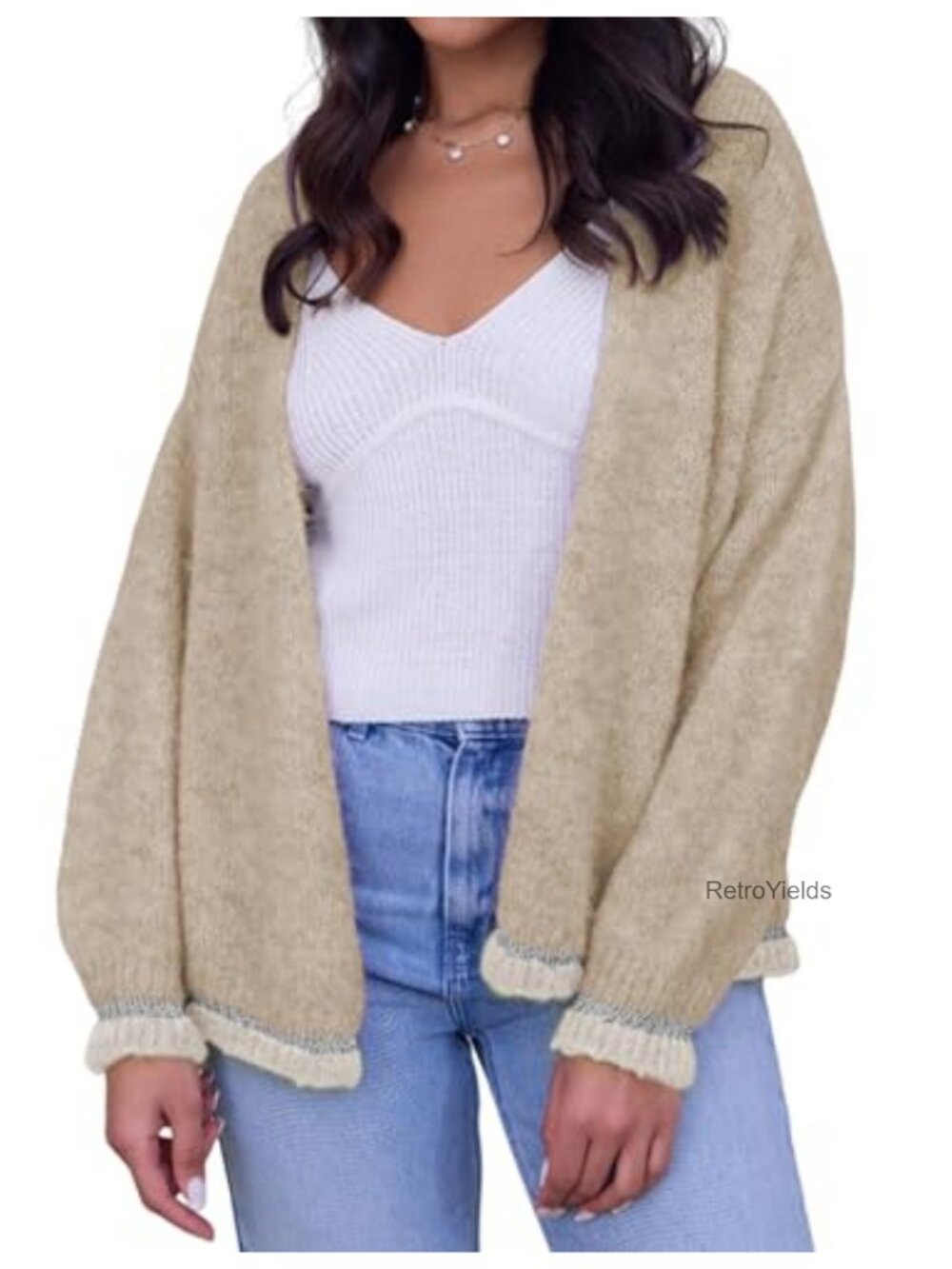 Open Front Contrast Trim Drop Shoulder Long Sleeve Cardigan
